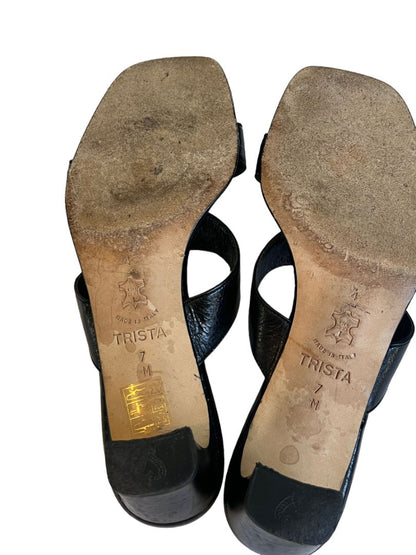 7 M Brighton Trista Shoes Slip-on Block Heels Sandals Black Leather Open Toe