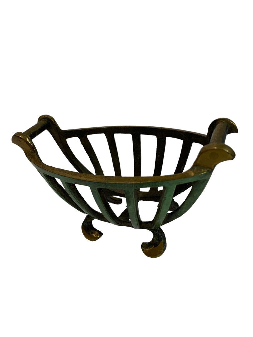 Small Metal Basket Made in Israel 4.5"l x 2.5"h Green Paint Brass