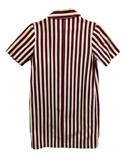 Vintage 1960s Women's Striped Shirt Dress Pockets Belt Red Blue Cream Stains