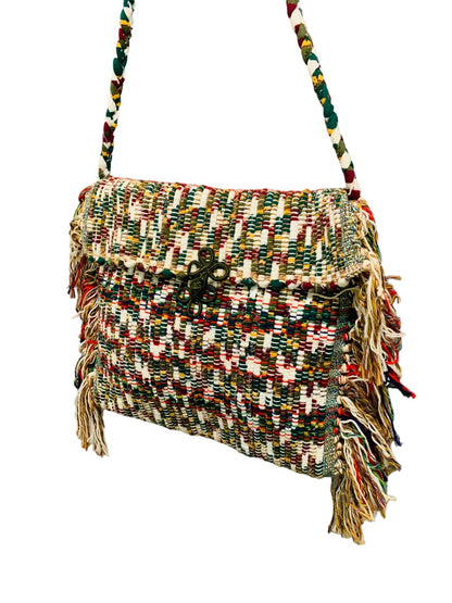 Vintage 1970s Rag Rug Handbag Fringed Rope Braided Fringed Upcycled