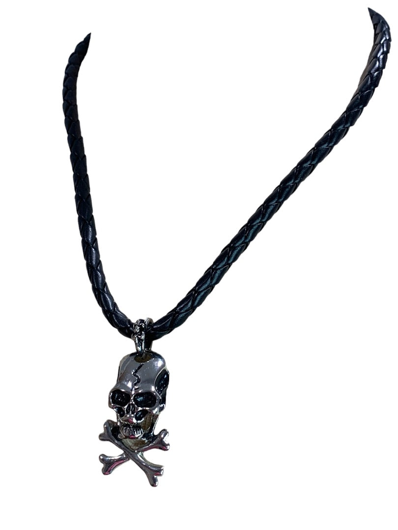 Black Braided Rope Style Necklace Skull and Crossbones Pendant Pirate Biker Style