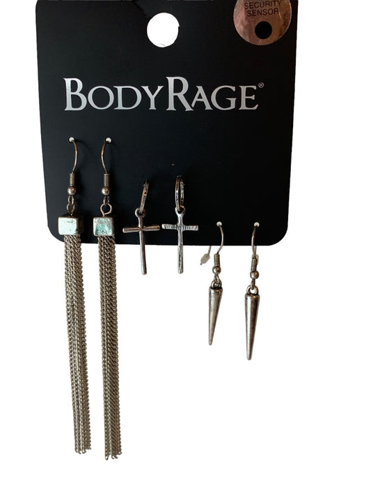 Spencers BodyRage 3 Pack Silvertone Earrings Tassel Cross Spike Pierced New