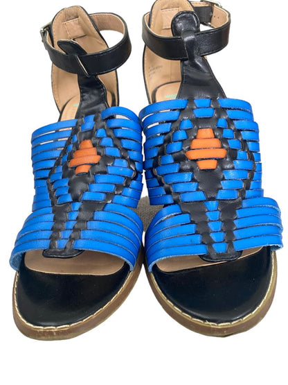 7.5 Plume FarylRobin Blue Orange Strappy Sandals Stack Heel Ankle Strap Shoes Anthro