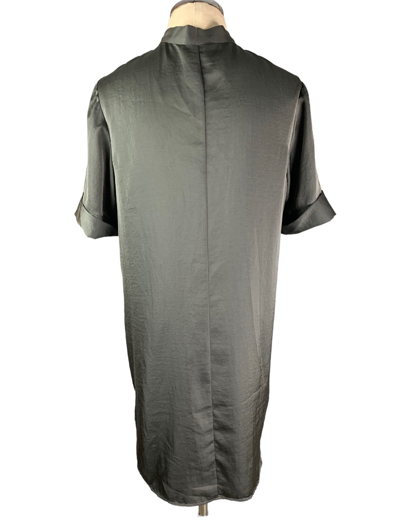 Large Gap New Charcoal Gray Satin Shift Dress Ruffle Front Short Sleeve