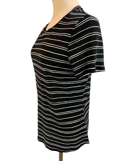 Small WhoWhatWear Black White Stripe Women's Tshirt Short Sleeve Linen Blend