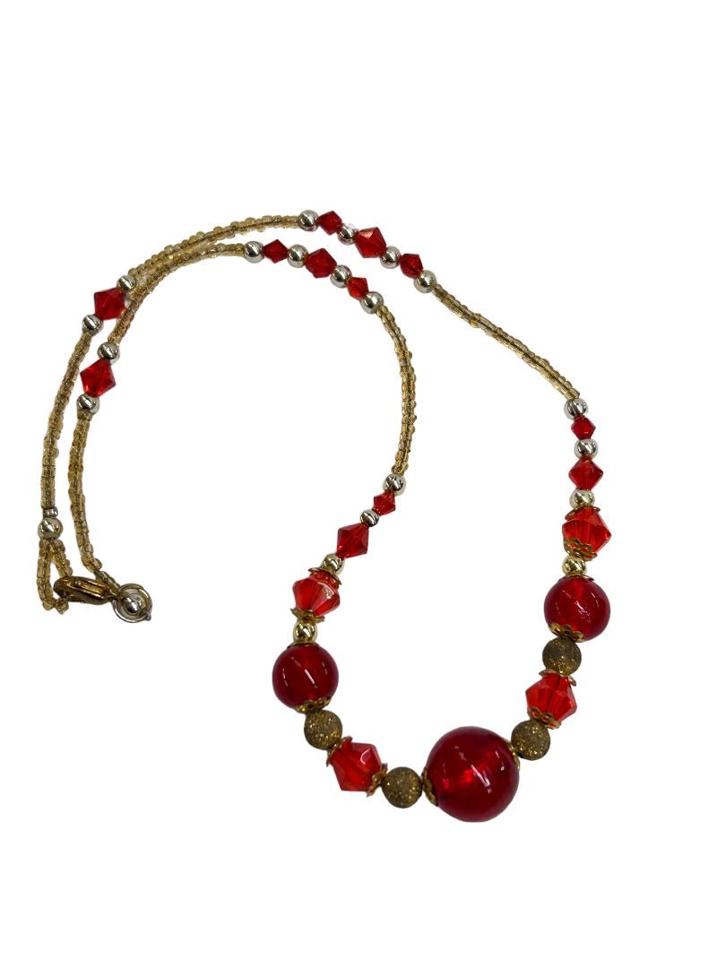 Beaded 17" Necklace Red Silvertone Goldtone Assorted Size Beads