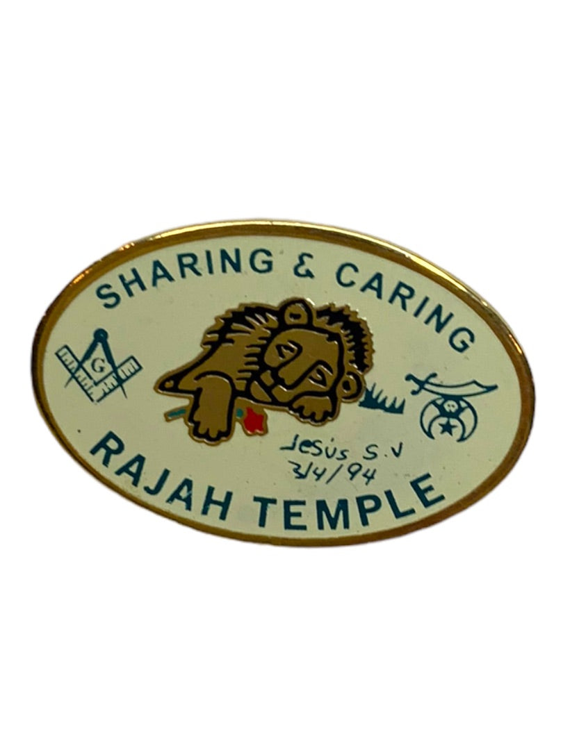 Rajah Temple Vintage 1994 Lapel Pin Sharing & Caring Gold Tone