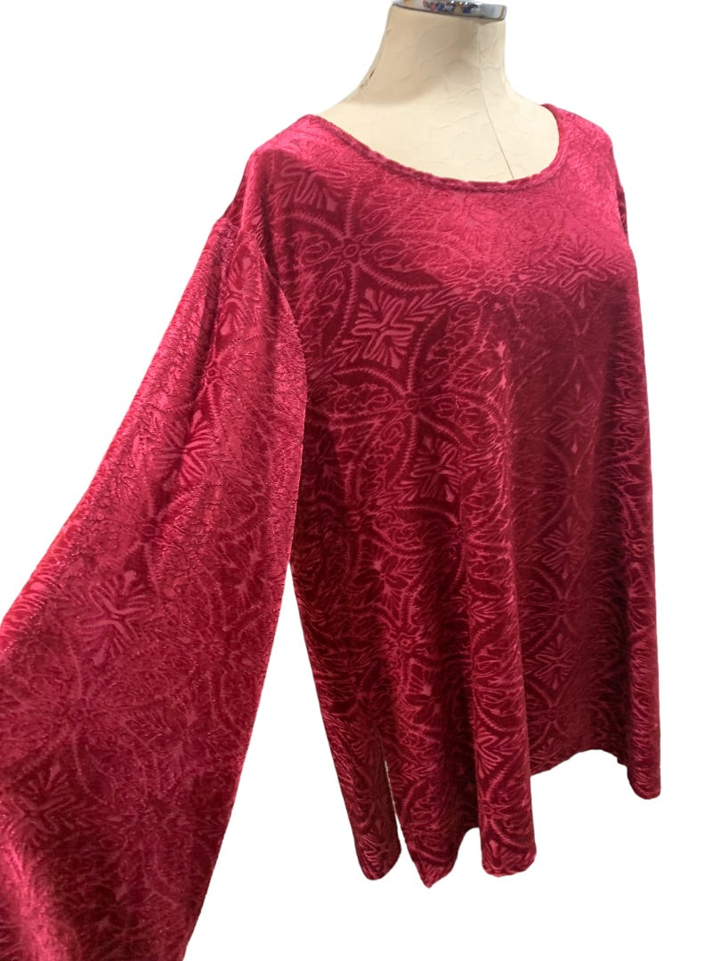 18/20W Cato Woman Textured Velour Raspberry Red Blouse Bell Flared Sleeve Stretch