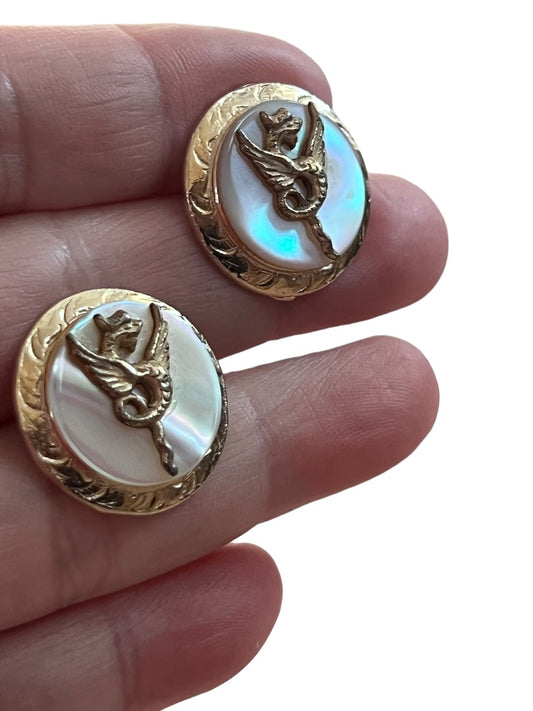 Vintage Mother of Pearl Dragon Gold Tone Round Cufflinks