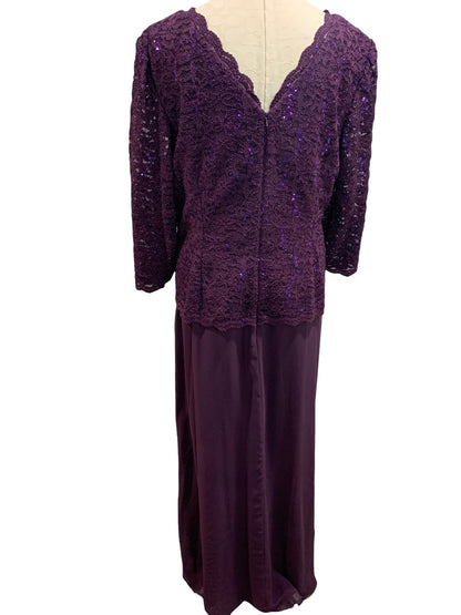 Size 20W Alex Evenings Women's New Long Gown with Sequin Lace Bodice  Chiffon Skirt Plum