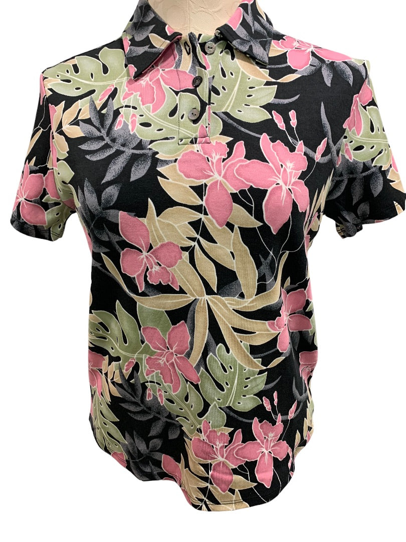 Small Izod Washable Silk Women's New Polo Shirt Short Sleeve Tropical Print