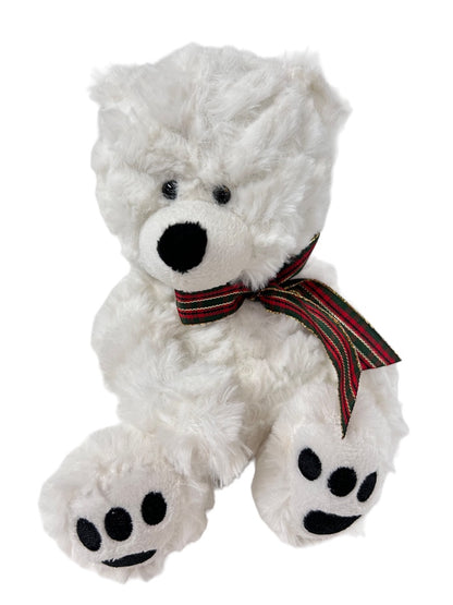 Ganz White Plush Teddy 7" H Plaid Holiday Bow