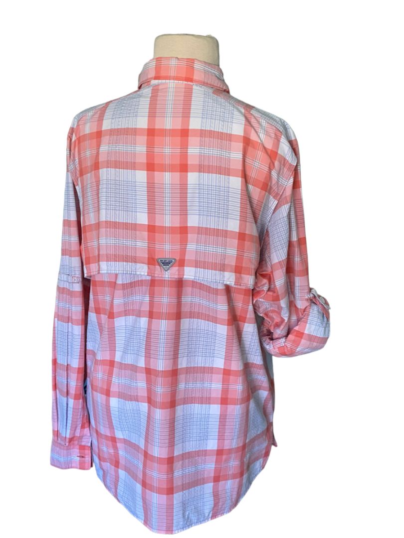 Large Columbia PFG "Super Bahama" Roll Tab Shirt Women's Coral Gray Fishing Beach Outdoors