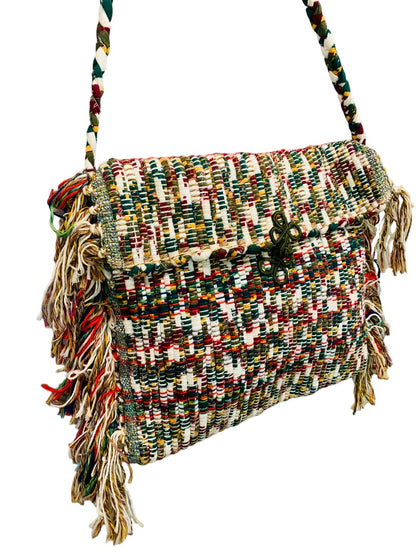 Vintage 1970s Rag Rug Handbag Fringed Rope Braided Fringed Upcycled