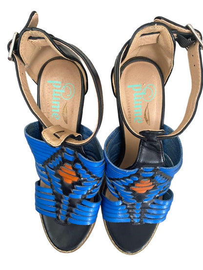 7.5 Plume FarylRobin Blue Orange Strappy Sandals Stack Heel Ankle Strap Shoes Anthro