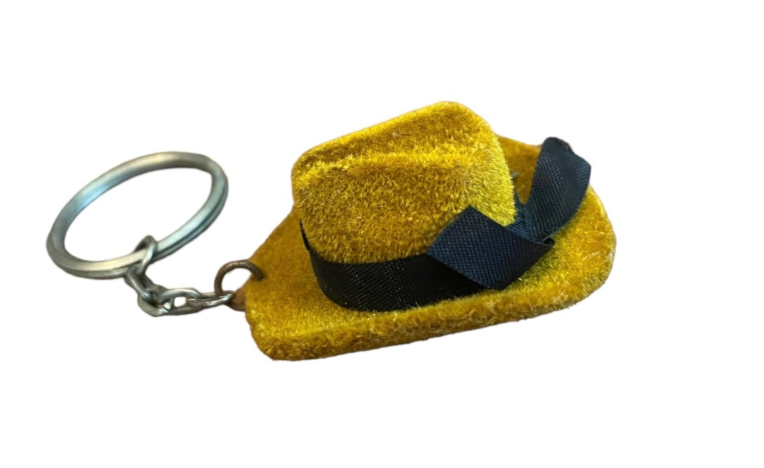 Vintage Flocked Brown Fedora Hat Keychain Key Ring Black Ribbon