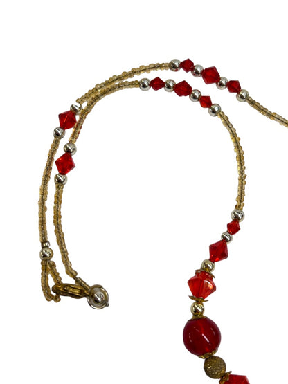 Beaded 17" Necklace Red Silvertone Goldtone Assorted Size Beads