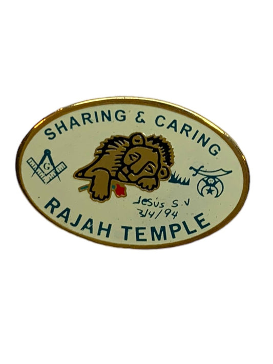 Rajah Temple Vintage 1994 Lapel Pin Sharing & Caring Gold Tone