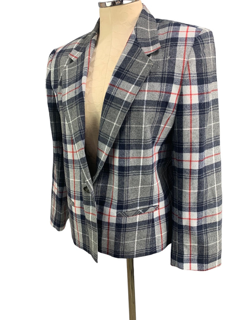 12P Suburban Petites Women's Gray Red Plaid Vintage 1980s Wool Blend Blazer