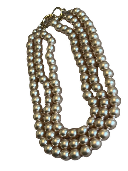 Vintage 3 Strand Faux Pearl Gold Tone Necklace Knotted 16"