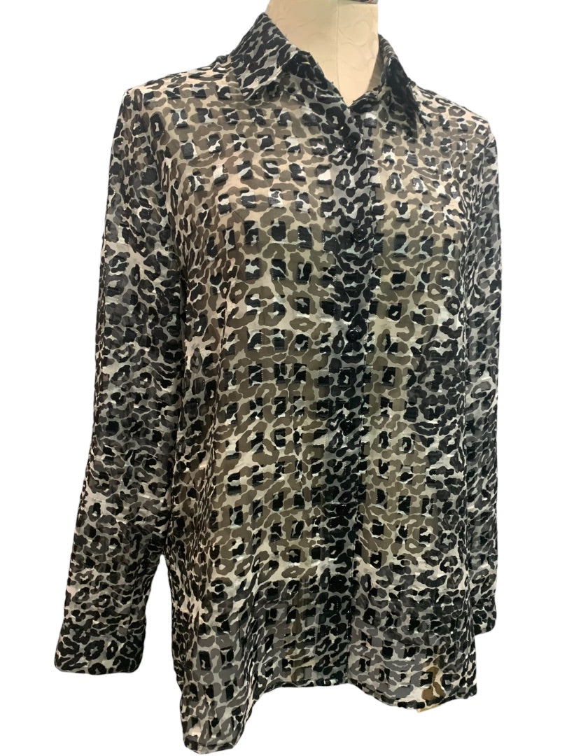 Medium Notations Women's New Sheer Animal Print Metallic Button Up Blouse