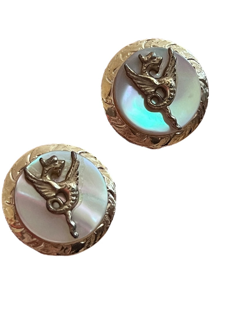 Vintage Mother of Pearl Dragon Gold Tone Round Cufflinks