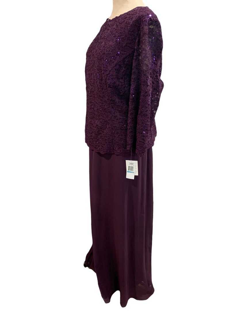 Size 20W Alex Evenings Women's New Long Gown with Sequin Lace Bodice  Chiffon Skirt Plum