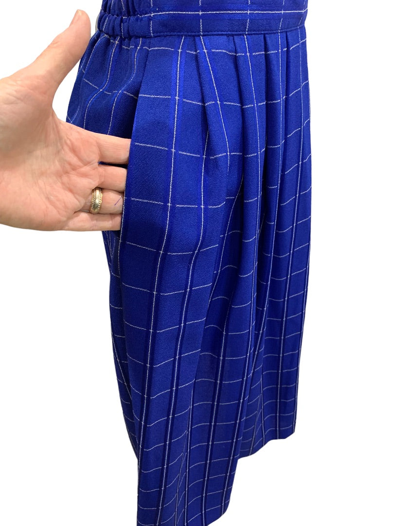 Size 10P Surburban Petites Women's Royal Blue Windowpane Check A-Line Skirt 1980s Vintage