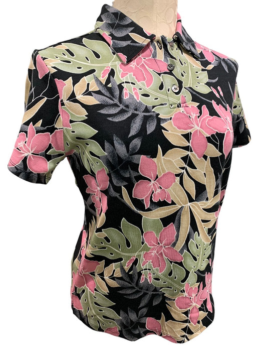 Small Izod Washable Silk Women's New Polo Shirt Short Sleeve Tropical Print