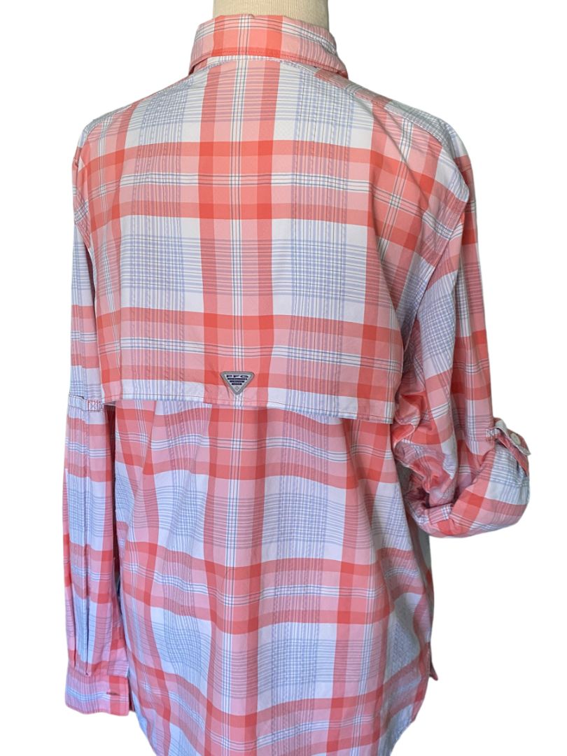 Large Columbia PFG "Super Bahama" Roll Tab Shirt Women's Coral Gray Fishing Beach Outdoors