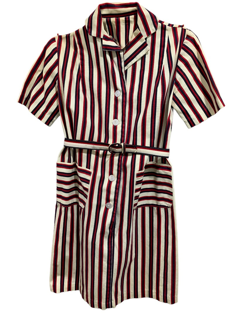 Vintage 1960s Women's Striped Shirt Dress Pockets Belt Red Blue Cream Stains