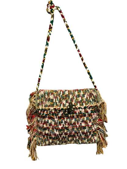 Vintage 1970s Rag Rug Handbag Fringed Rope Braided Fringed Upcycled