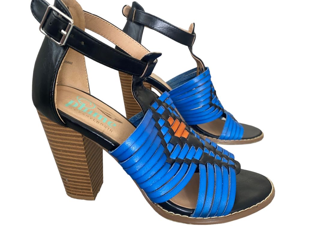 7.5 Plume FarylRobin Blue Orange Strappy Sandals Stack Heel Ankle Strap Shoes Anthro