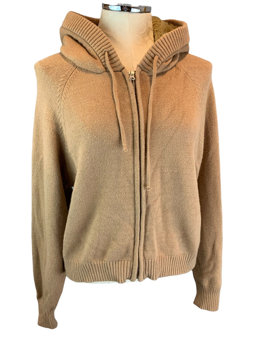 Large Central Park West Women's Camel Color Full Zip Hooded Sweater