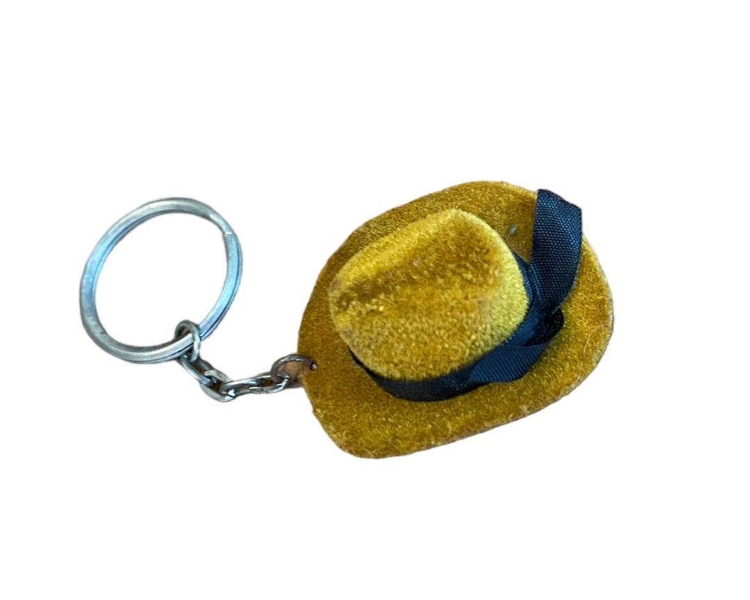 Vintage Flocked Brown Fedora Hat Keychain Key Ring Black Ribbon