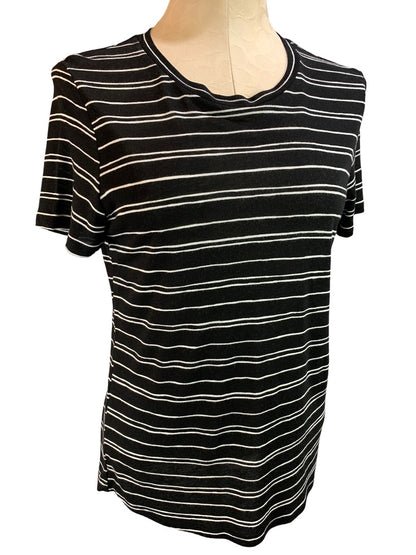 Small WhoWhatWear Black White Stripe Women's Tshirt Short Sleeve Linen Blend