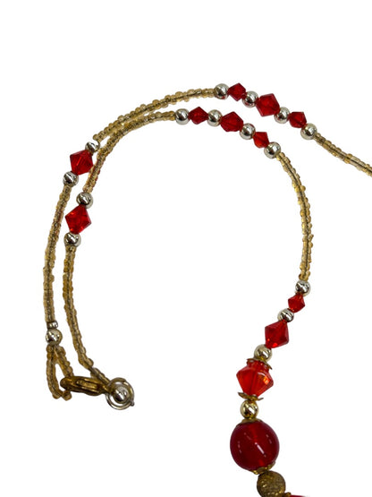 Beaded 17" Necklace Red Silvertone Goldtone Assorted Size Beads