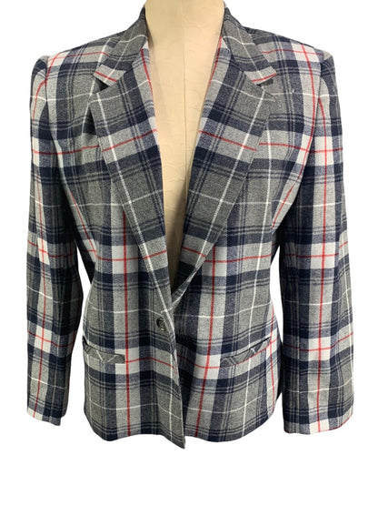 12P Suburban Petites Women's Gray Red Plaid Vintage 1980s Wool Blend Blazer