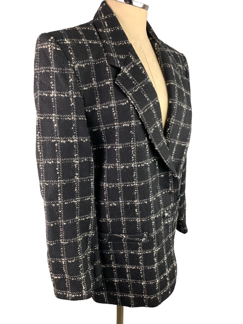 Size 10 Alfred Dunner Women's Wool Black Pattern Open Single Button Blazer Coat Vintage 1990s