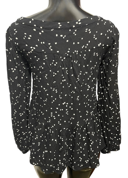 XXS Anthropologie Maeve Scoop Neck Long Sleeve Womens Top Black Polka Dots