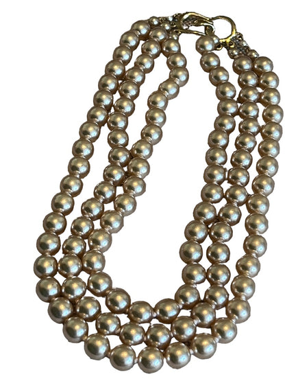 Vintage 3 Strand Faux Pearl Gold Tone Necklace Knotted 16"