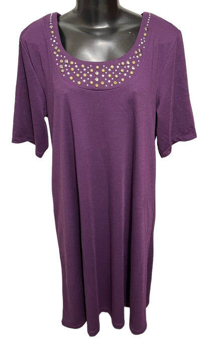 Large Susan Graver Embellished Short Sleeve Sheath Shoulder Pads Dress Purple