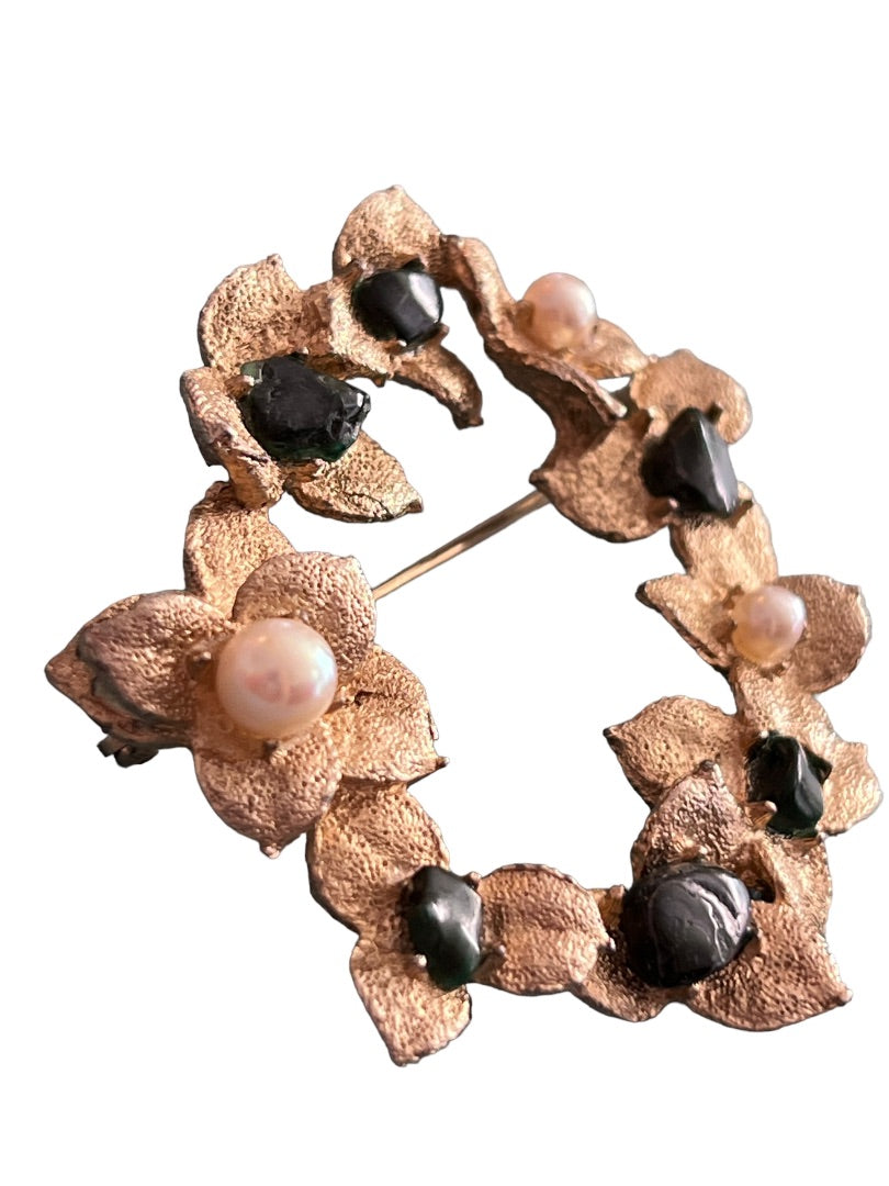 Vintage Swoboda Jade and Real Pearl Floral Wreath Brooch Pin