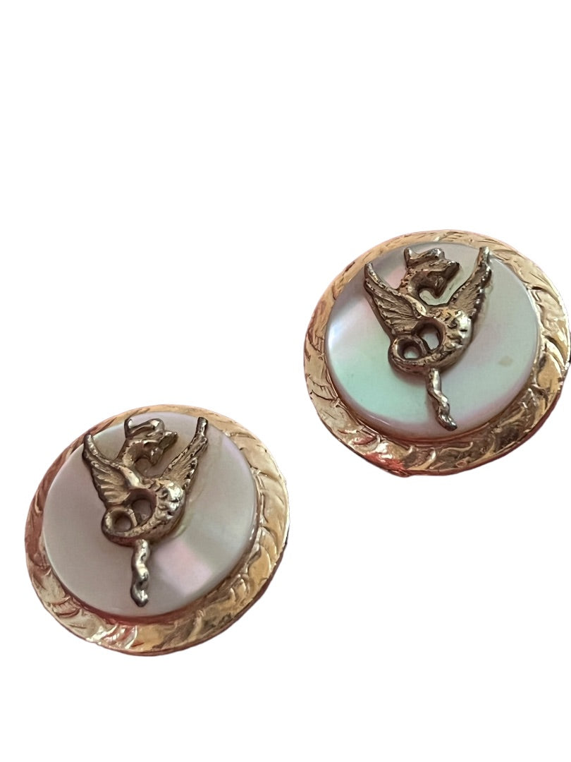 Vintage Mother of Pearl Dragon Gold Tone Round Cufflinks