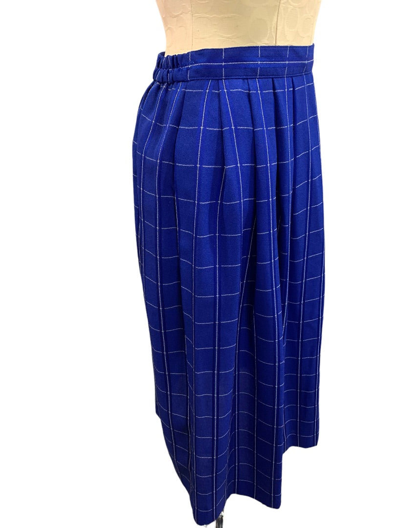 Size 10P Surburban Petites Women's Royal Blue Windowpane Check A-Line Skirt 1980s Vintage