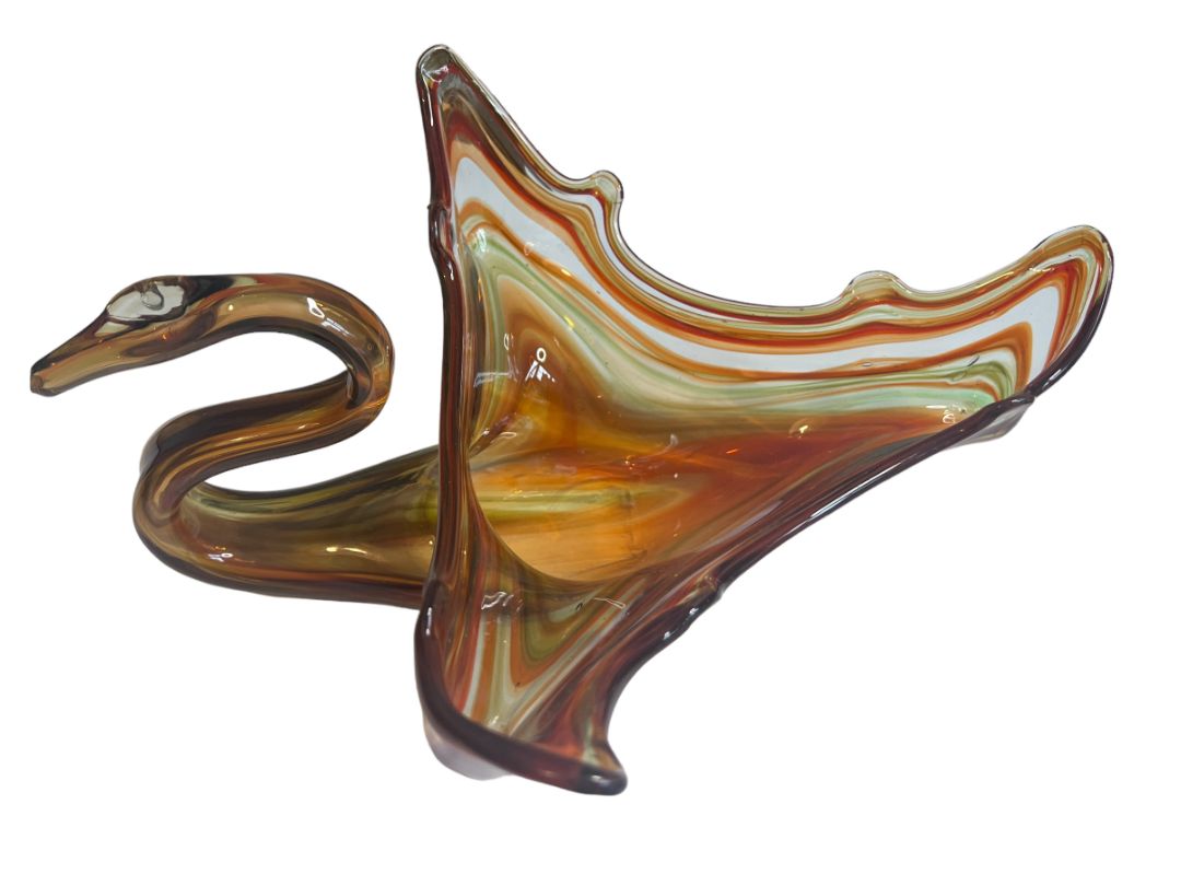 Vintage Hand Blown Glass Swan Planter Bowl Orange Brown Clear Swirl