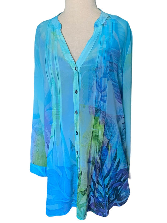 Medium Soft Surroundings Chiffon Blue Green Floral Tunic 2 Piece