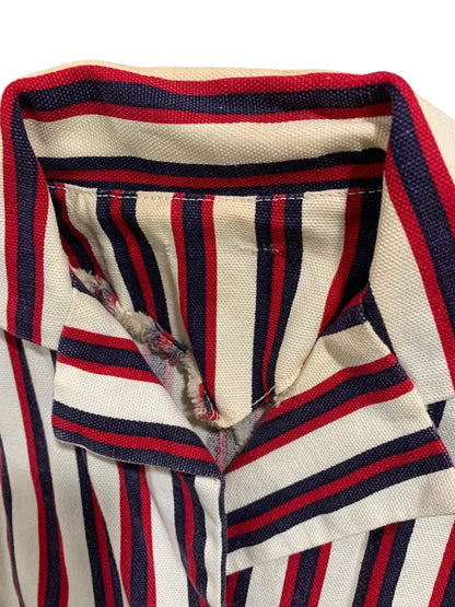 Vintage 1960s Women's Striped Shirt Dress Pockets Belt Red Blue Cream Stains