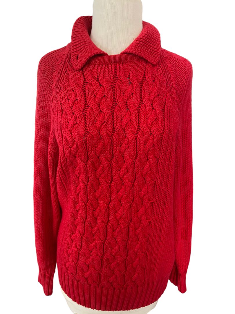 Large Illustrations Red Cable Knit Collared Vintage Sweater