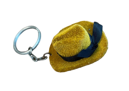 Vintage Flocked Brown Fedora Hat Keychain Key Ring Black Ribbon